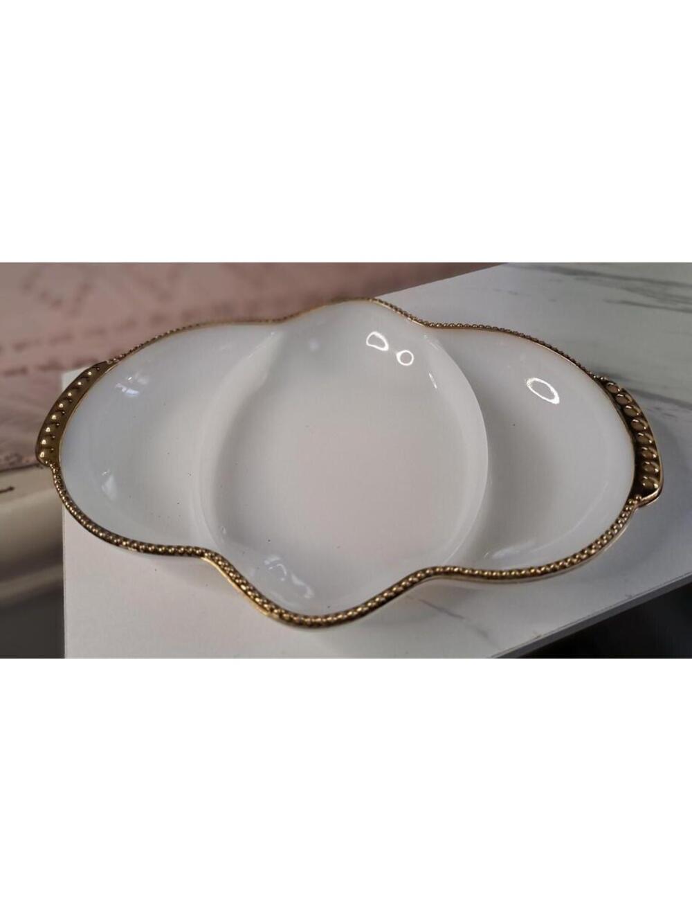 Vintage 1950's Fire-King Milk Glass Divided Relish Tray with Gold-Trimmed Rim